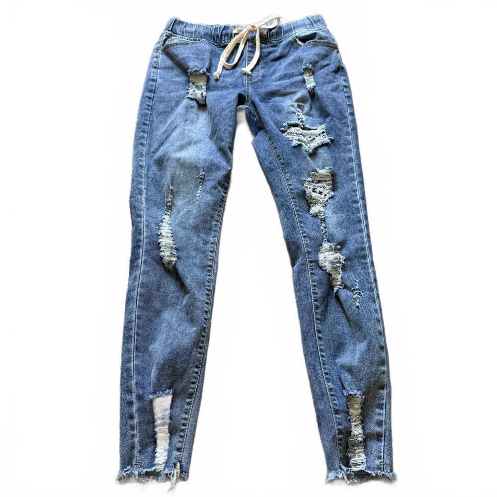 Distressed Drawstring Denim Jogger Jeans Ripped Womens Large